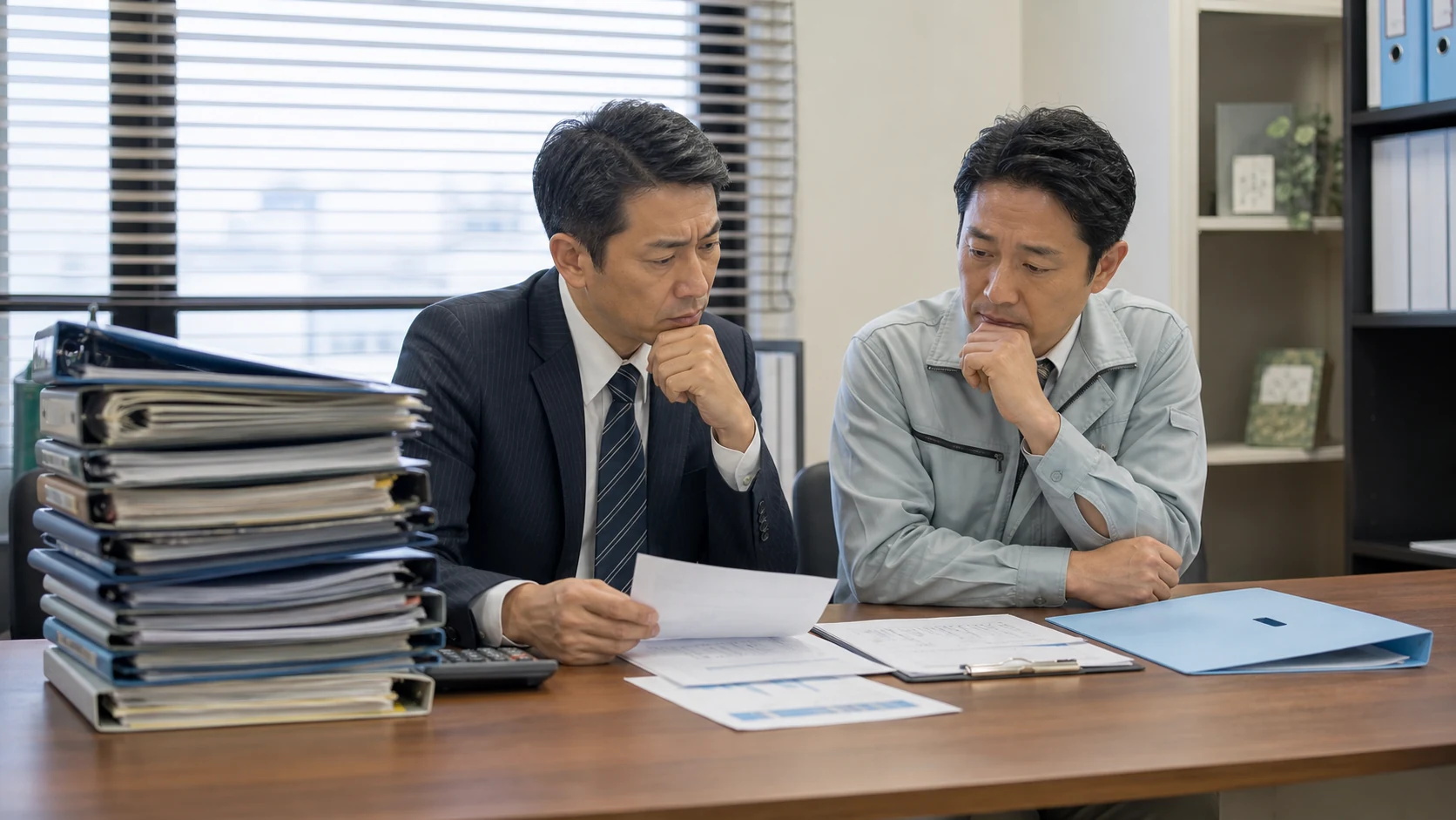 中小企業の経営者と財務担当者が信用保証付き融資とプロパー融資を借入口別に確認する場面
