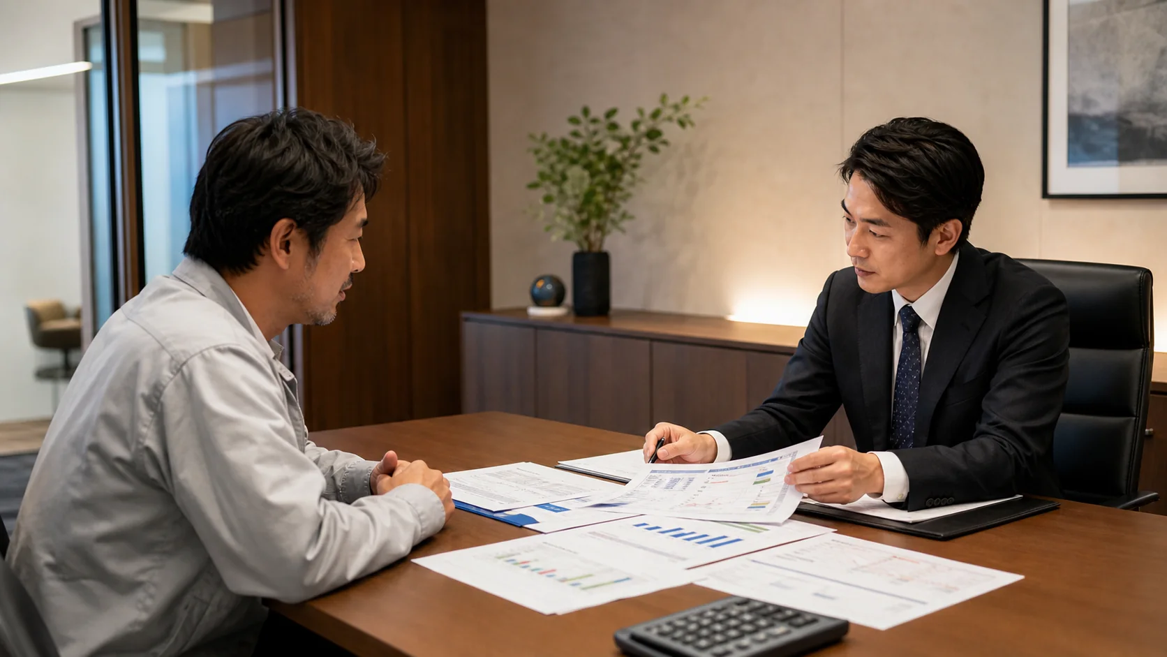 多店舗会社経営者と資金調達アドバイザーが再建・撤退後の不足額を比較する会議