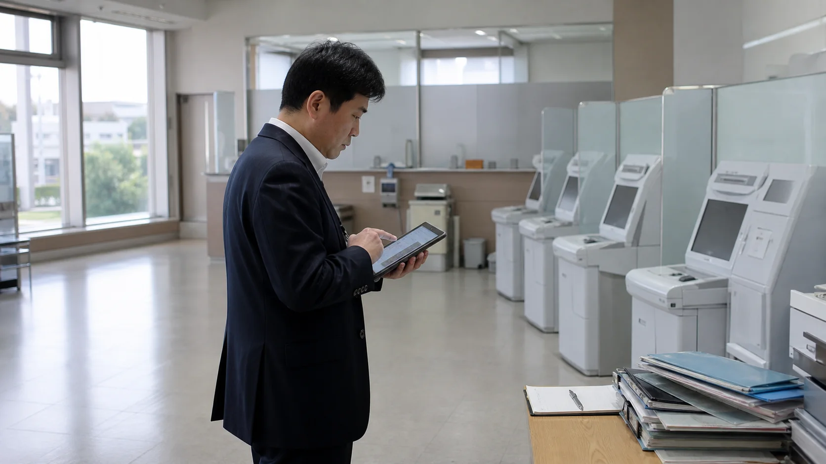 多店舗会社の運営責任者が遊休設備と低い稼働状況を現場で確認する場面
