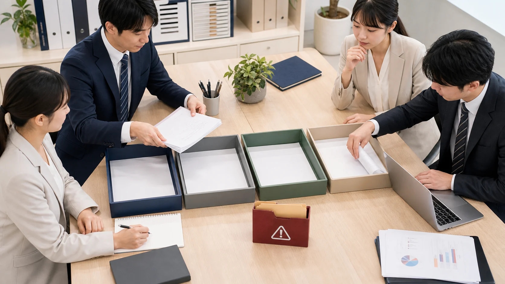 経理財務チームが銀行別の情報提供義務カレンダーと提出状況を更新する場面
