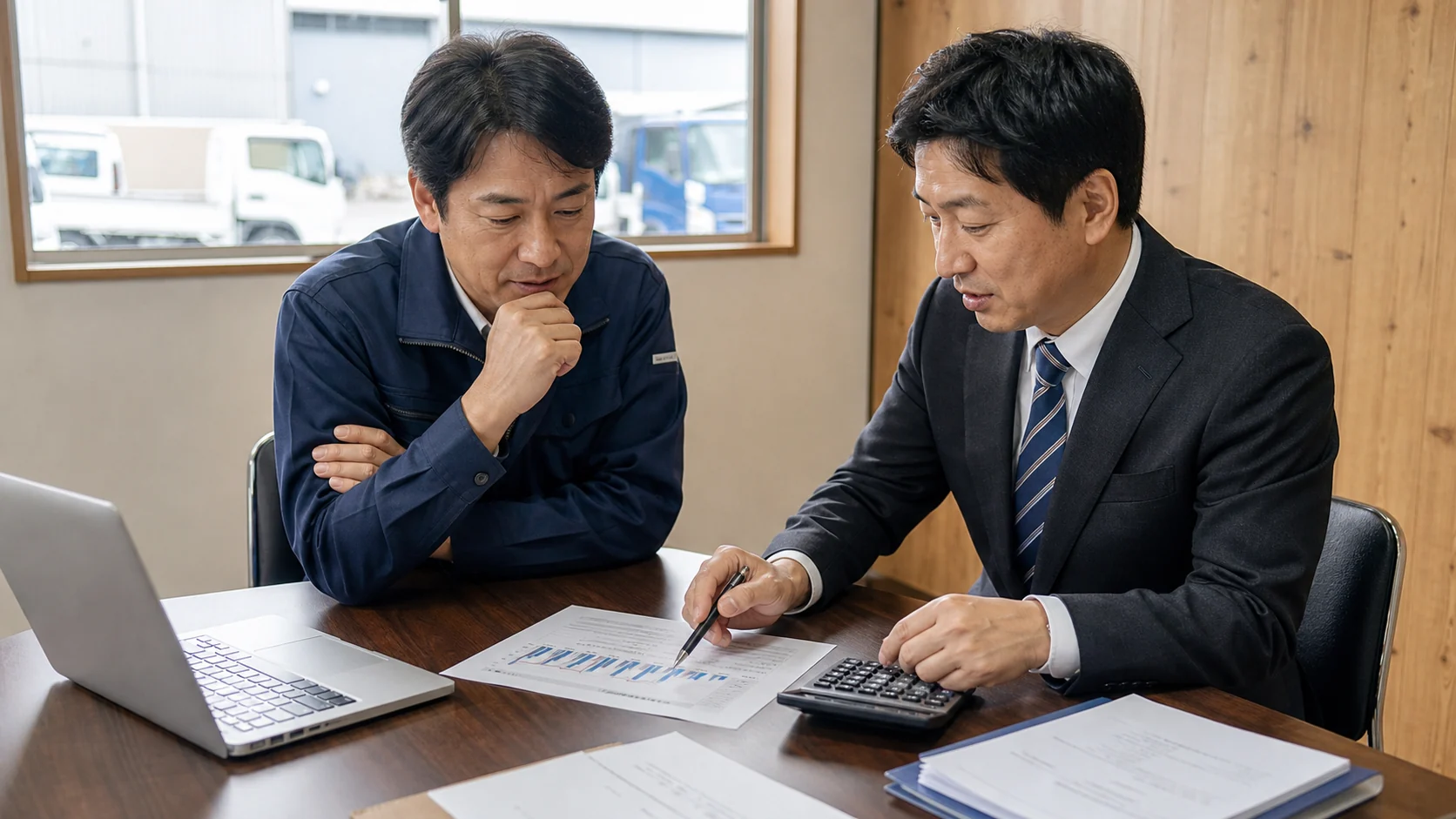 物流会社経営者と資金調達アドバイザーが補償と事故時資金を比較する会議