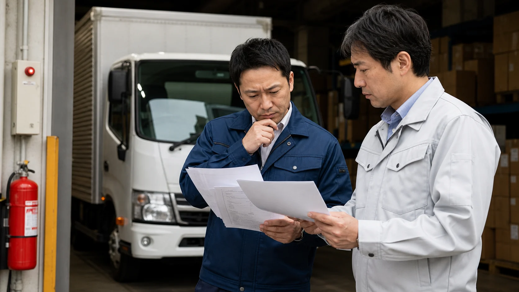 運送会社経営者が倉庫と車両の保険契約一覧を確認する場面