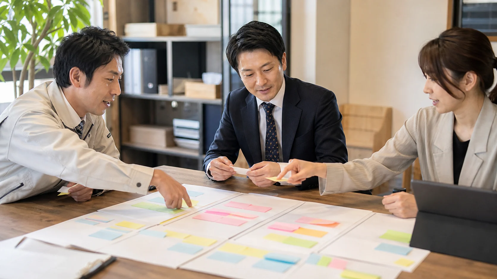 物流会社の会議で補償範囲と更新案を比較する場面