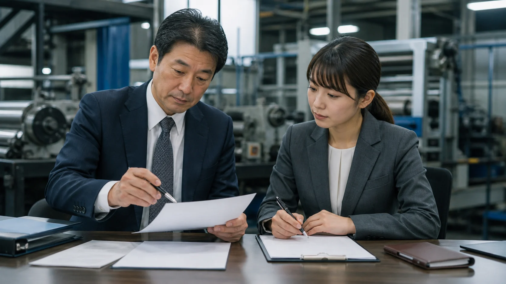 被災後の経営者と金融機関担当者が保険金と復旧資金の時期を確認する場面