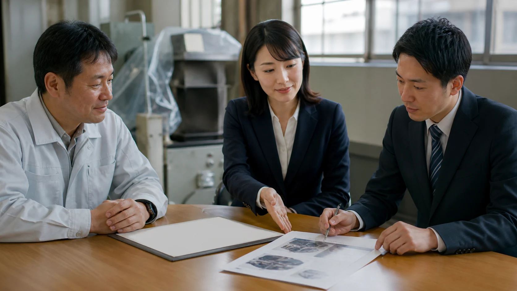 工場責任者と財務担当者が保険更新の補償条件と期限を確認する場面