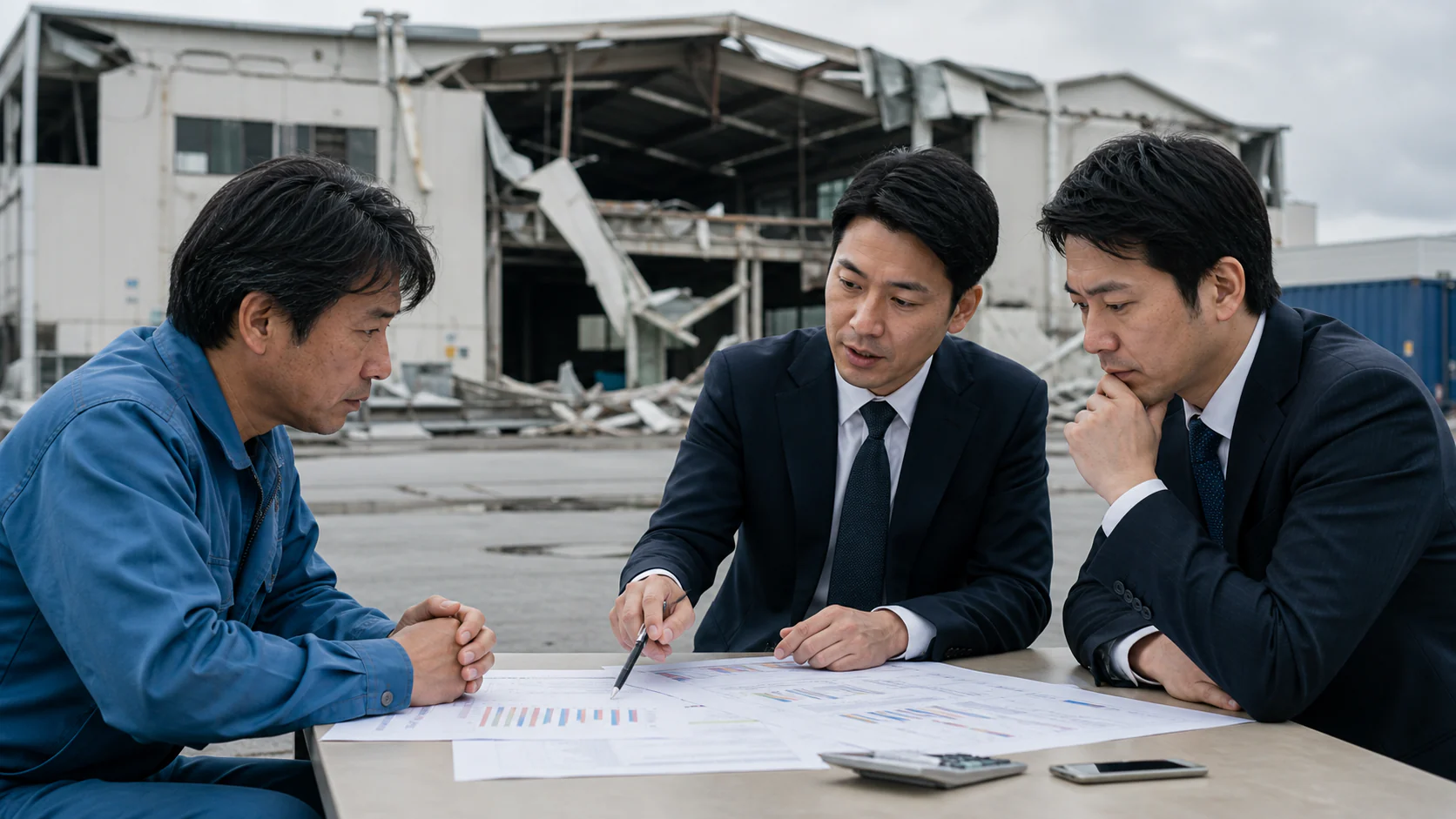 物流会社の経営者と安全担当者が、被害証拠、査定状況、復旧工程、自己負担を確認する会議