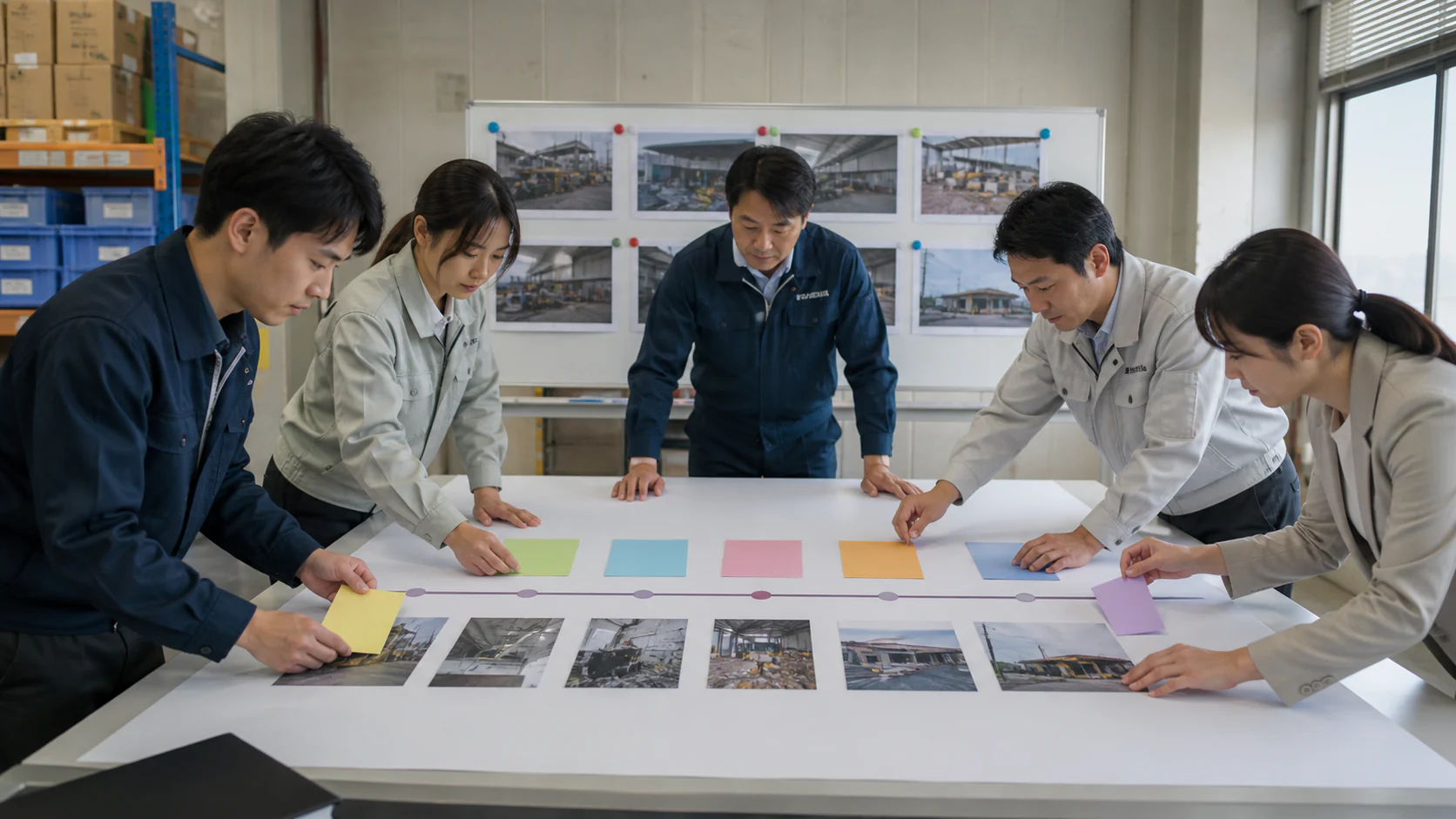 物流倉庫の復旧会議で保険査定と段階復旧の資金工程を比較する場面