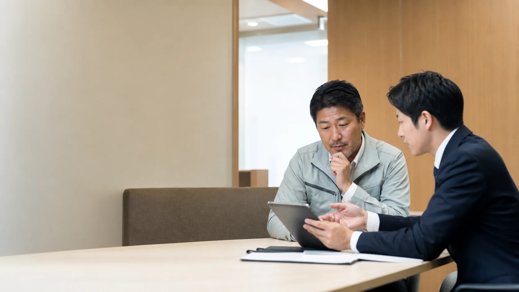 経営者と銀行担当者が解約返戻金、税務、保障減少を確認する会議