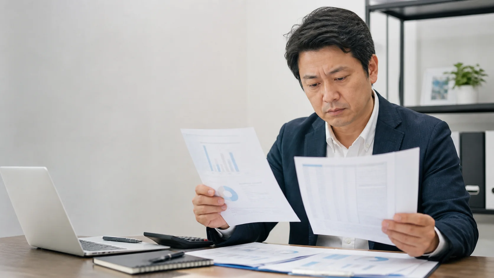 中小企業の担当者が法人保険の証券、返戻金証明、保障内容を照合する場面
