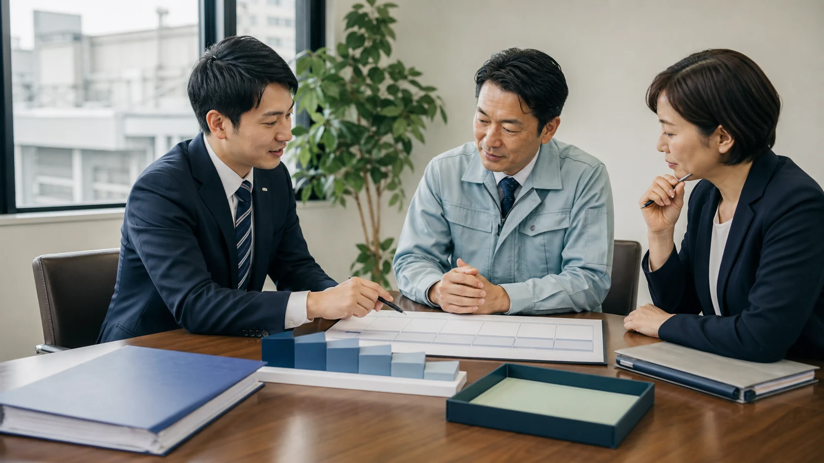 経営者、財務担当者、銀行担当者が借入削減工程と営業改善を確認する会議