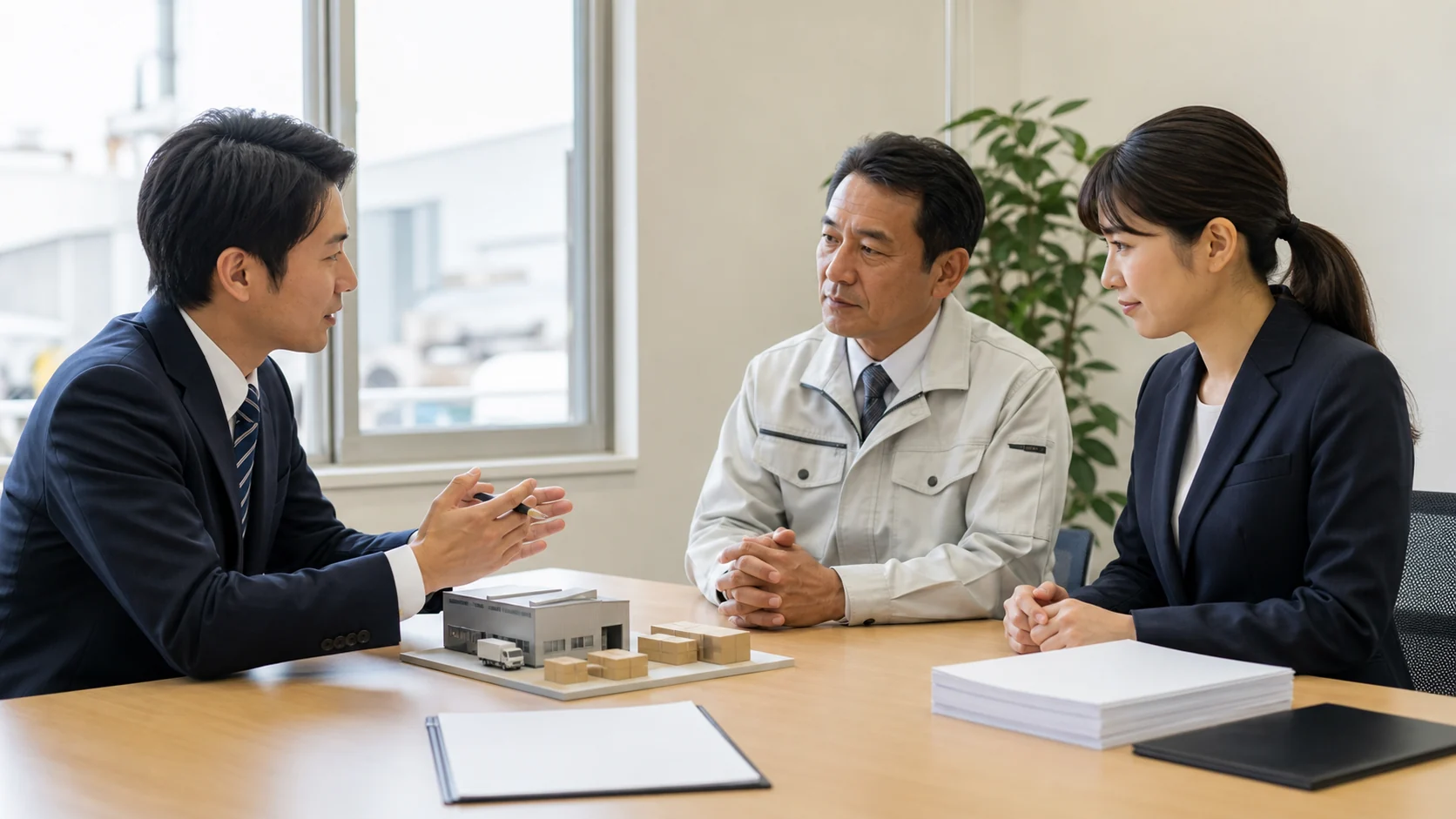 経営者、財務担当者、銀行担当者が資産構成と借入返済を確認する会議