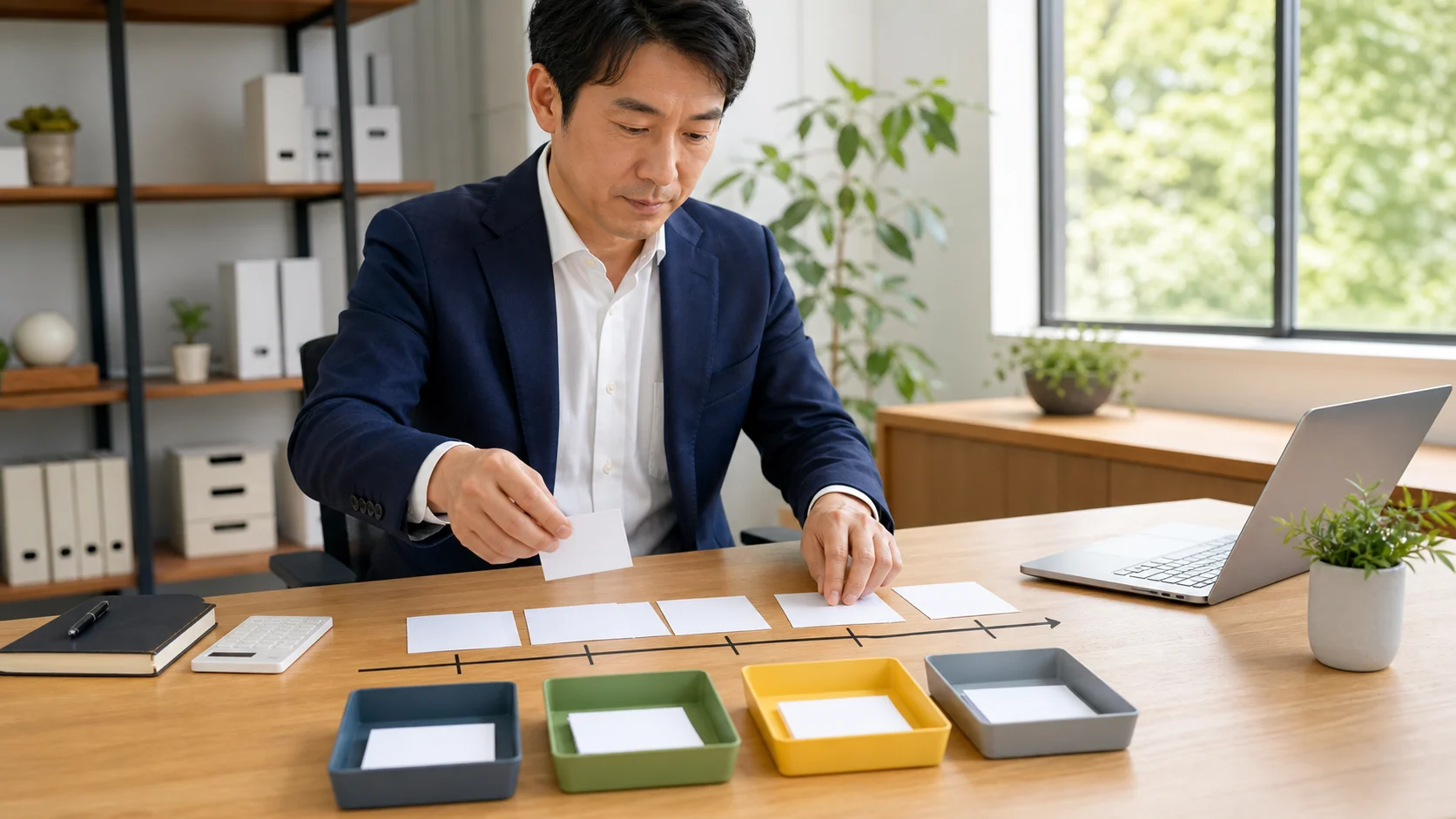 経営者と財務担当者が資産明細と借入返済表を照合する場面