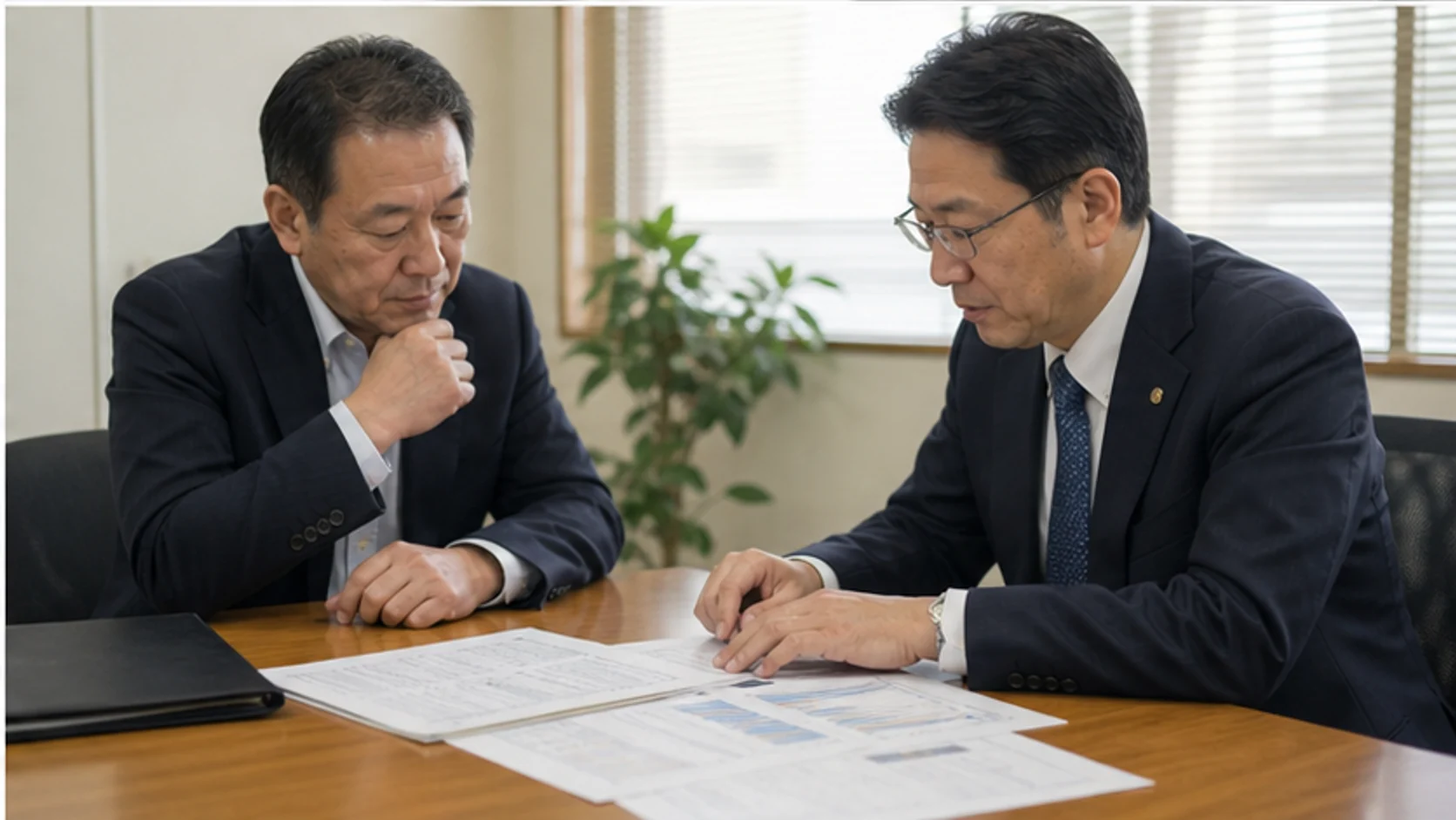 卸売会社の経営者と資金アドバイザーが投資収入後の不足を確認する会議