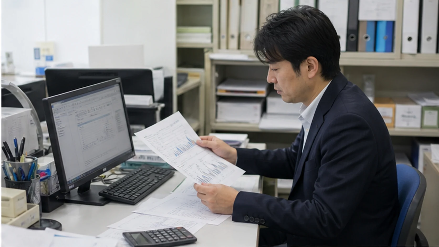 卸売会社の財務担当者が預金利息と保有株式の配当明細を照合する場面