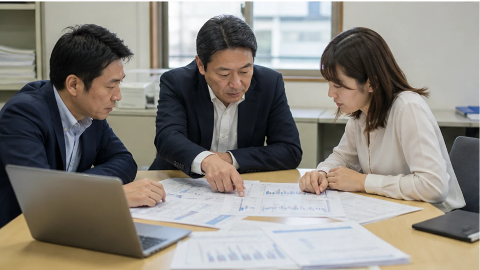 卸売会社の経営会議で投資収入を除く返済余力を確認する場面