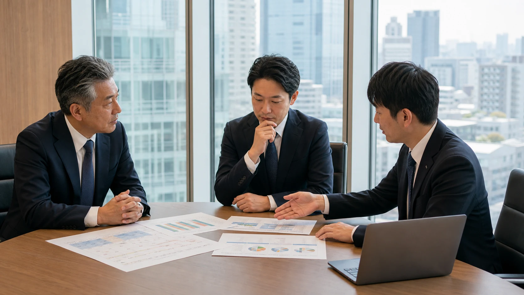 経営者、財務担当者、銀行担当者が金利改定カレンダーと対応案を確認する会議
