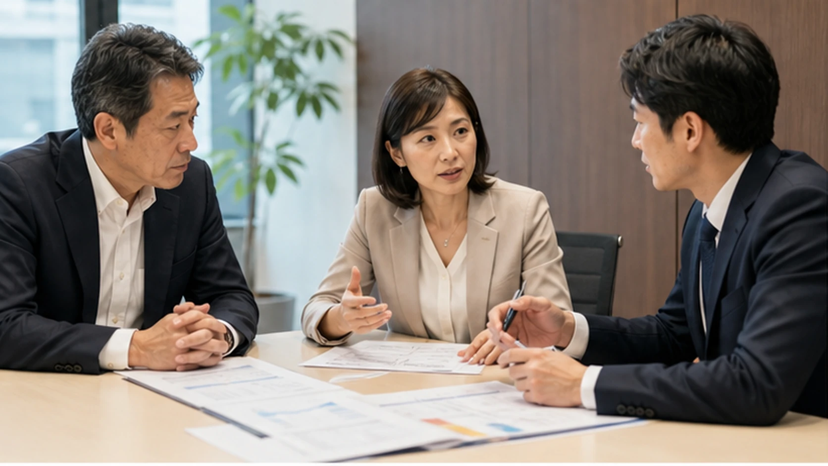 経営者・財務・顧問専門家・銀行担当者が契約別感応度と対応期限を確認する会議