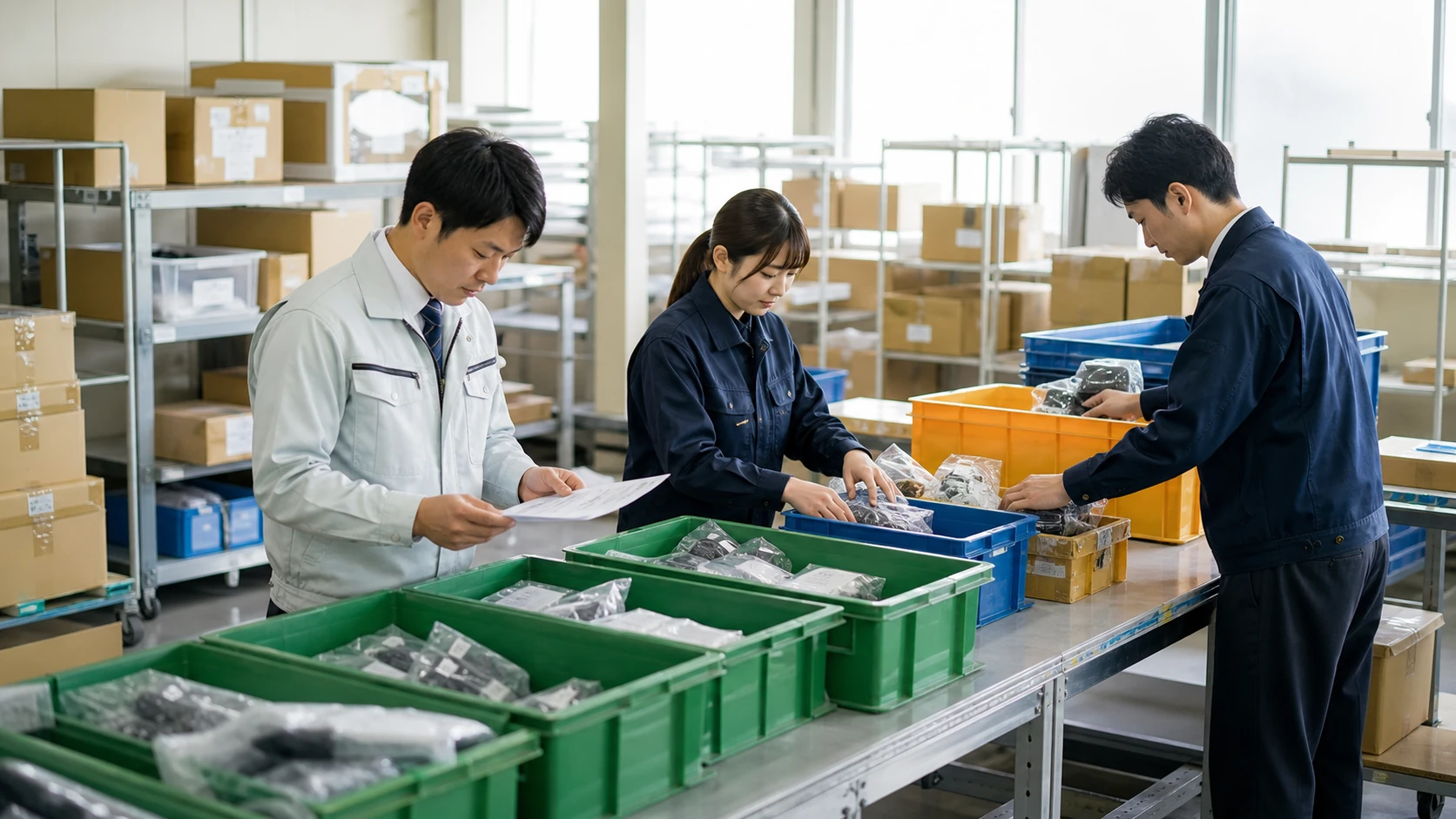 経営者と製造・販売担当者が在庫の販売回収計画を確認する場面