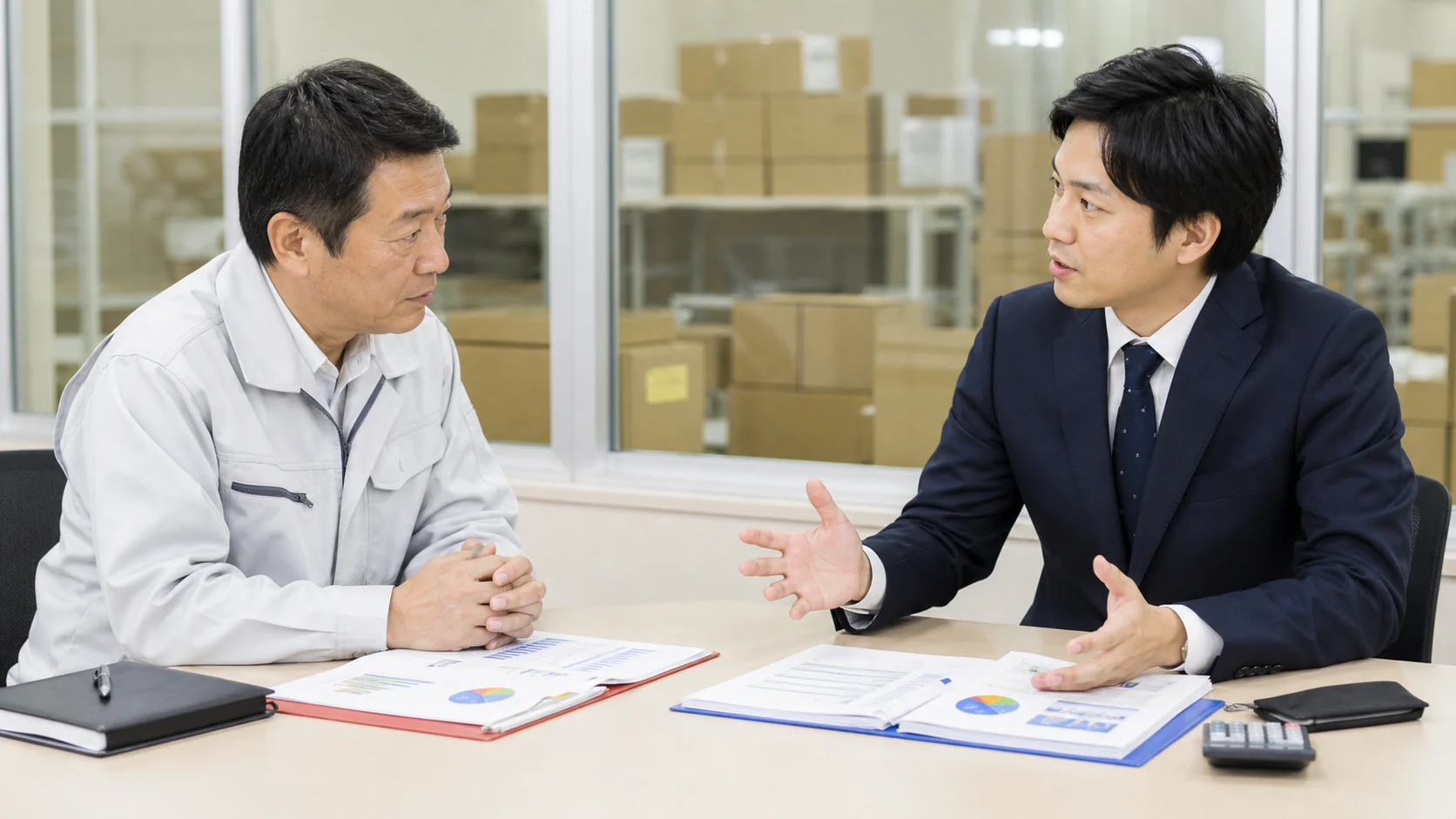 食品製造会社経営者と資金調達アドバイザーが廃棄後の不足額を比較する会議