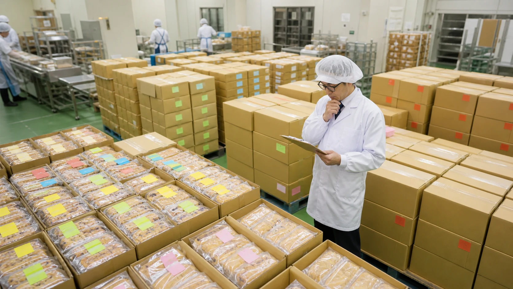 食品製造会社の倉庫で経営者が期限切れ原料の数量と廃棄記録を確認する場面