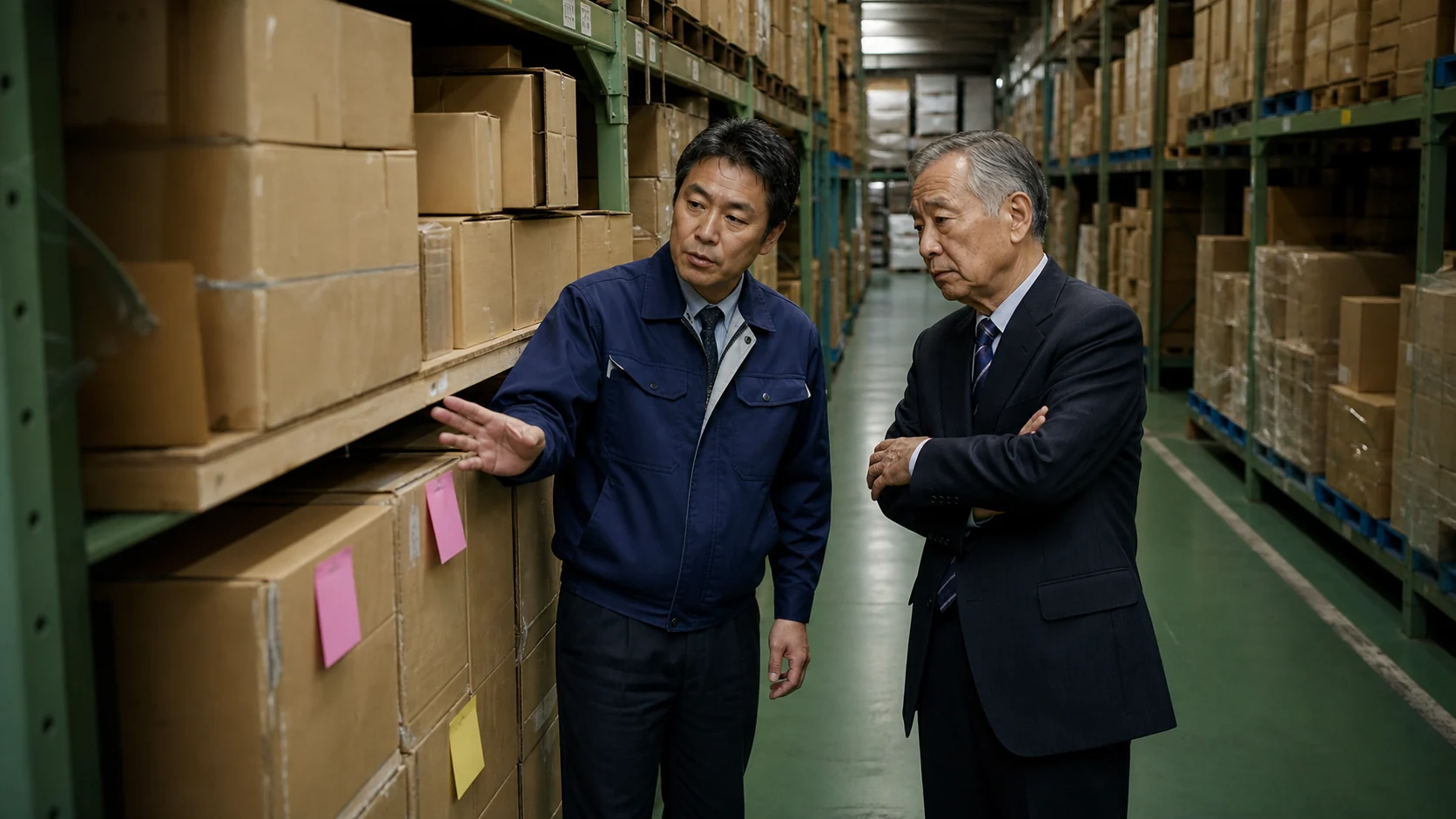 倉庫で在庫年齢表と資金繰りを確認する卸売会社の経営者