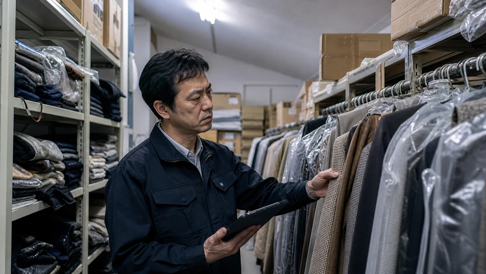 アパレル会社の経営者が品番別の在庫年齢と販売可能価格を確認する場面