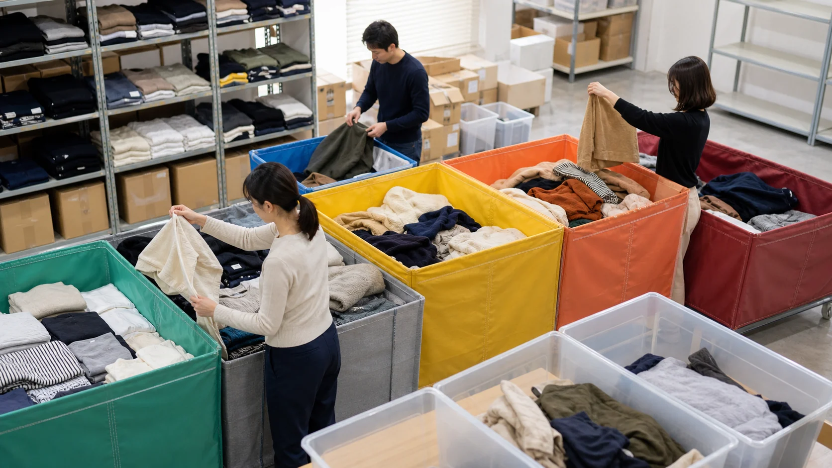 アパレル会社の商品責任者と経理担当が品番別の販売出口を整理する会議