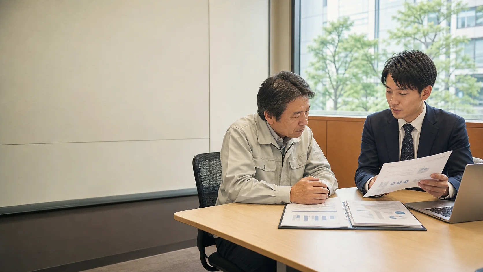 経営者と銀行担当者が投資有価証券の時価、換金制約、正味手取を確認する会議