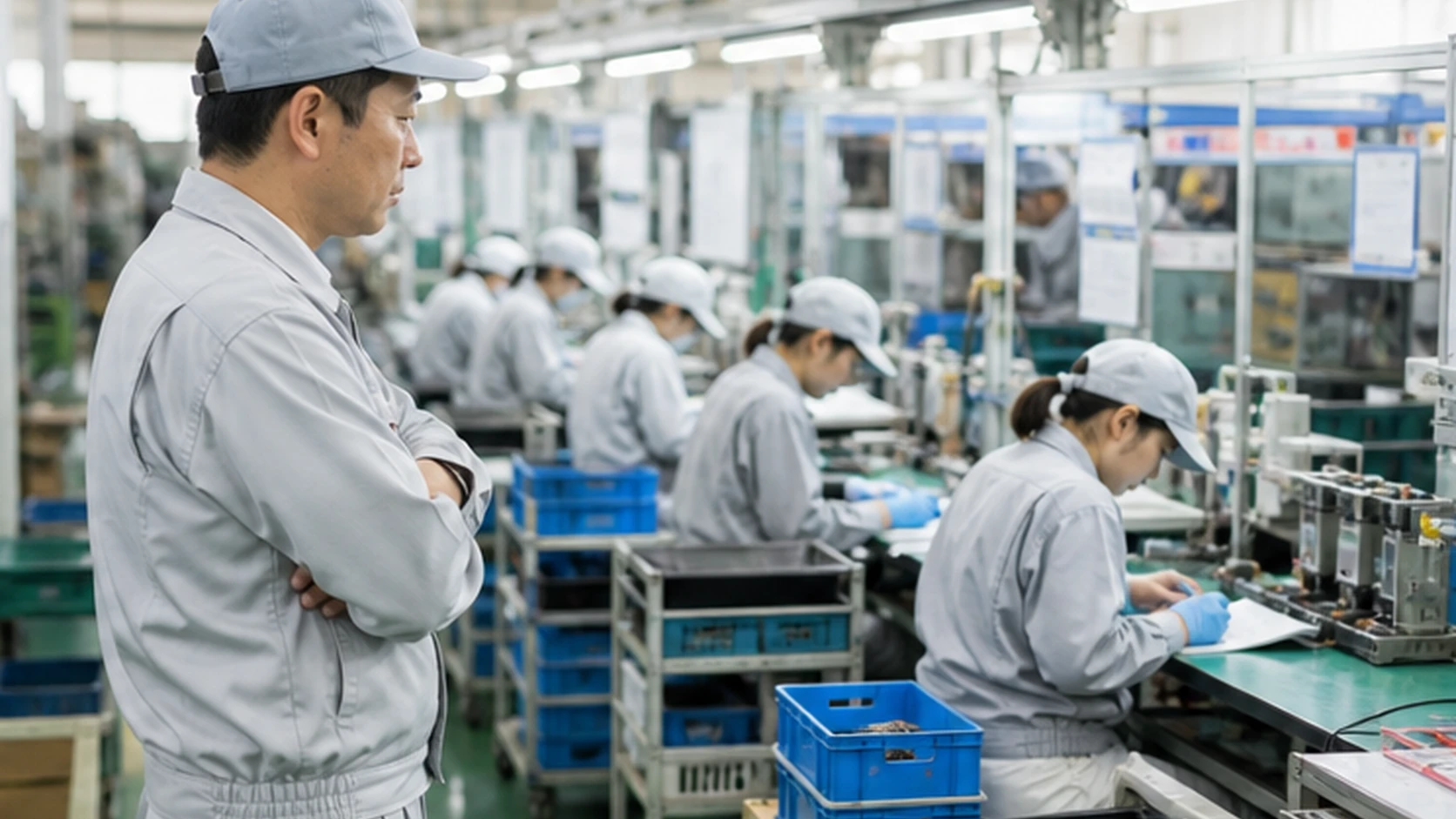 製造責任者と原価管理担当者が標準工数と実績工数を工程別に照合する場面
