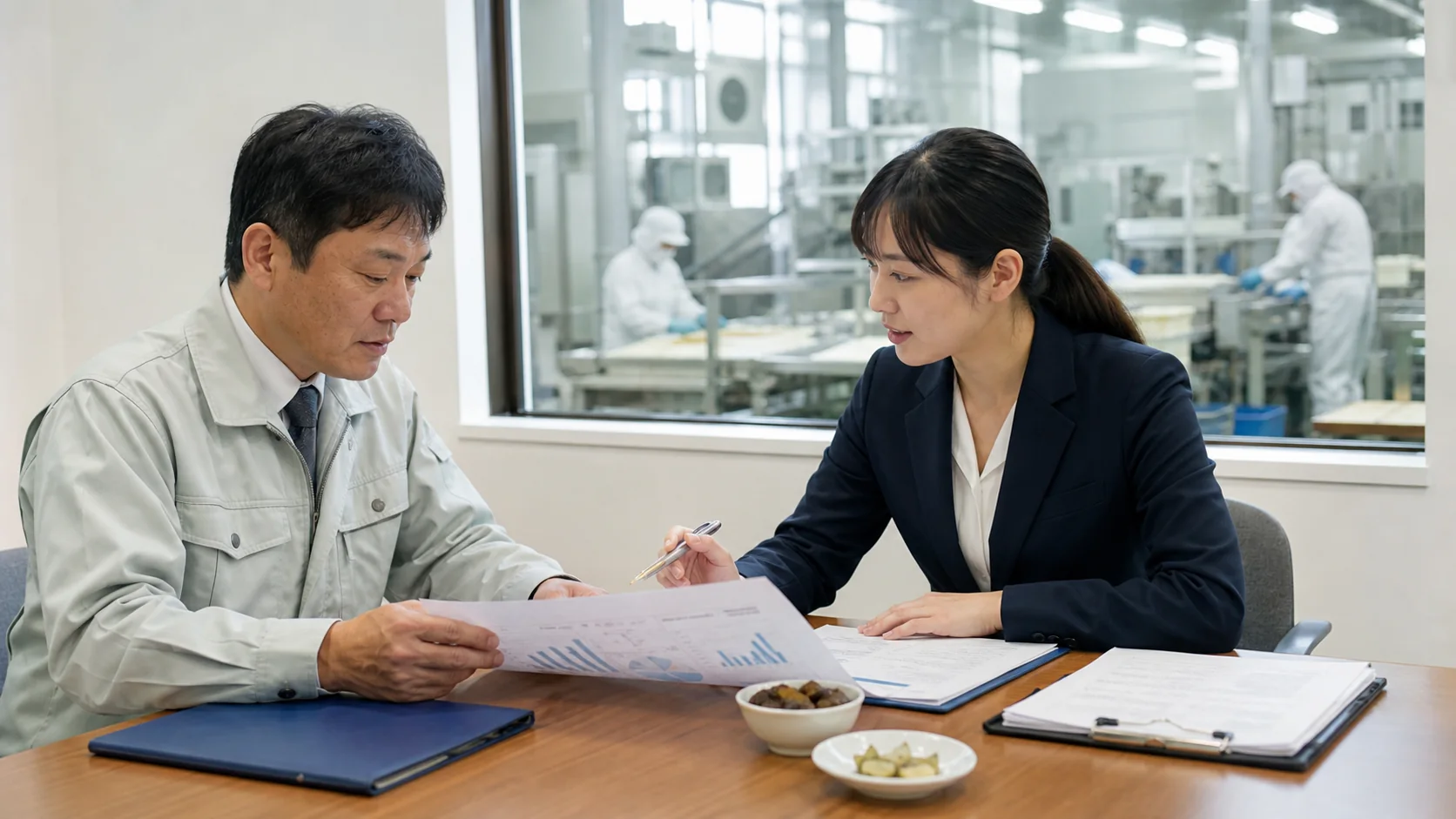食品加工会社が生産性投資と四つの資金調達方法を比較する会議