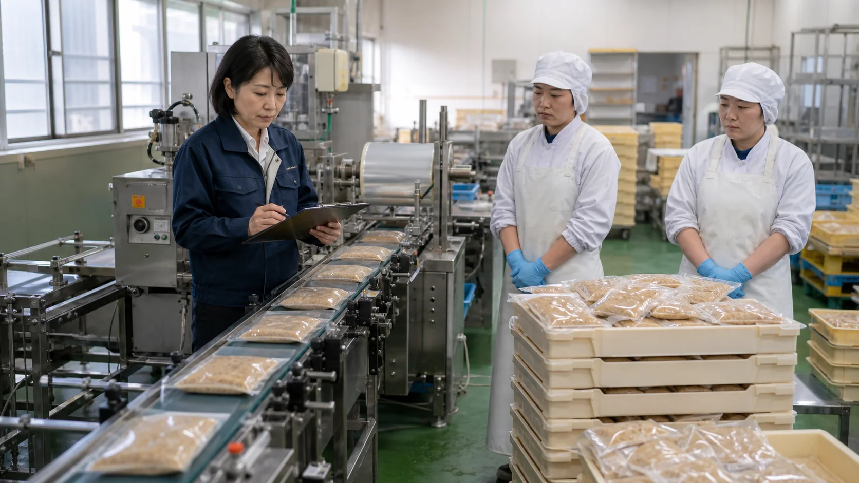 食品加工工場の生産責任者が包装工程の手待ちと仕掛品を確認する場面