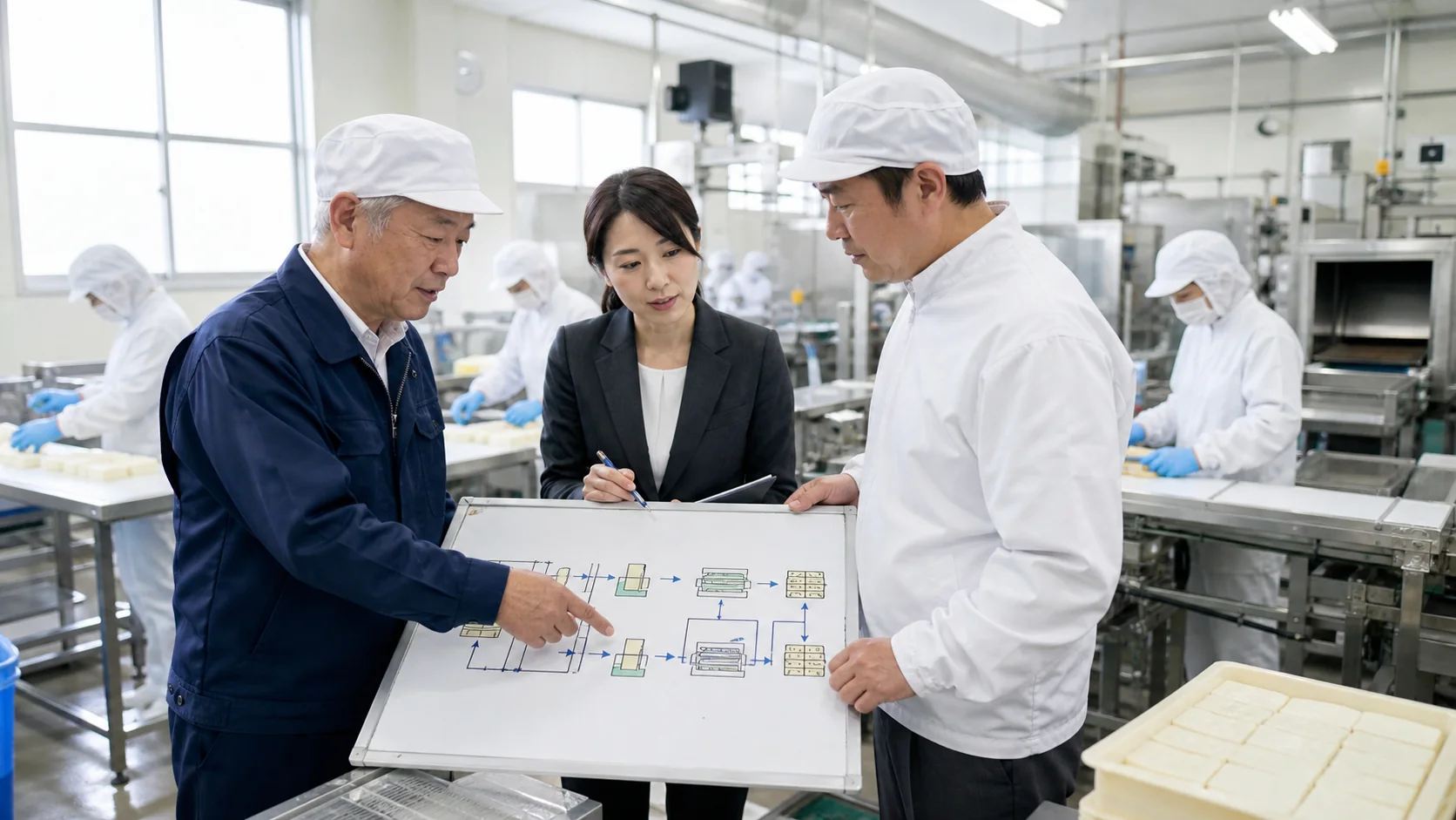 食品加工工場の経営者・生産責任者・相談員が工程改善図を確認する会議