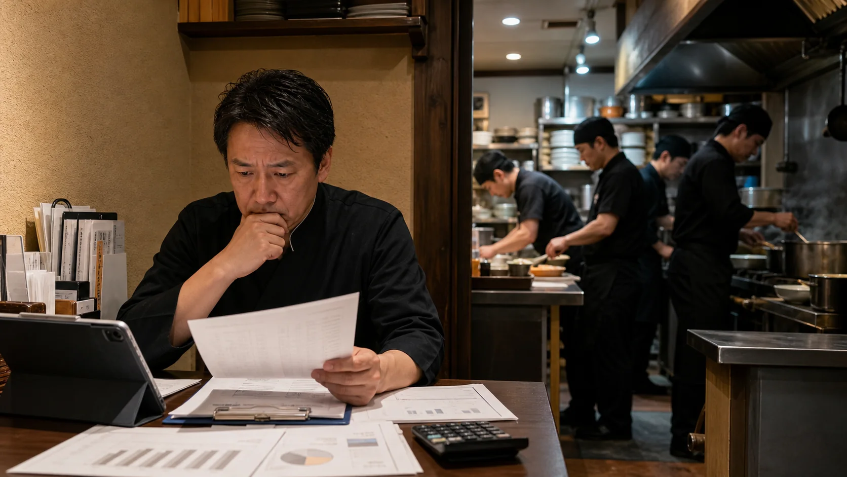 飲食店の経営者が給与・売上・粗利を確認し賃上げ余力を検討する場面
