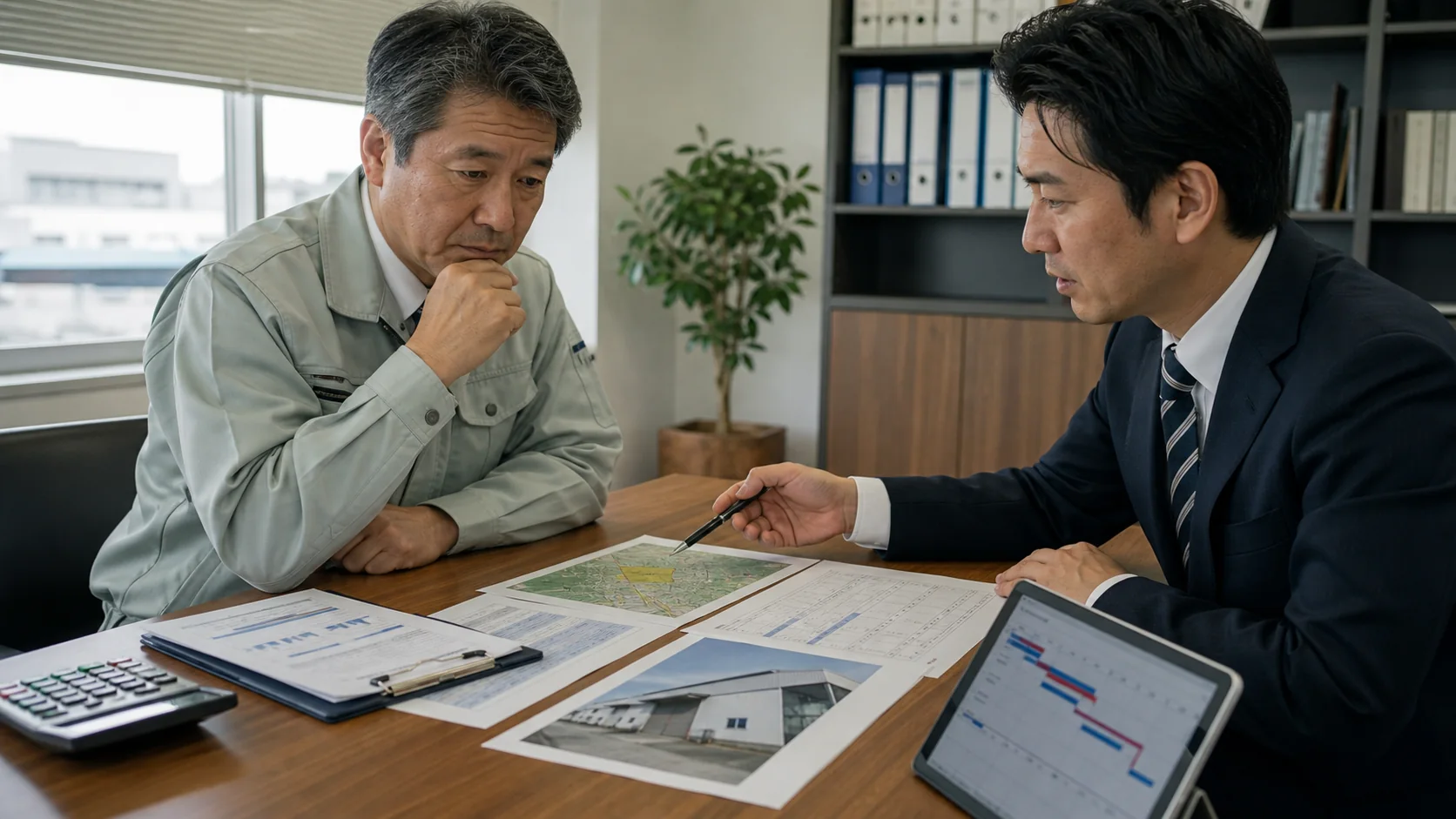 経営者と銀行担当者が事業用土地、担保順位、正味売却額を確認する会議
