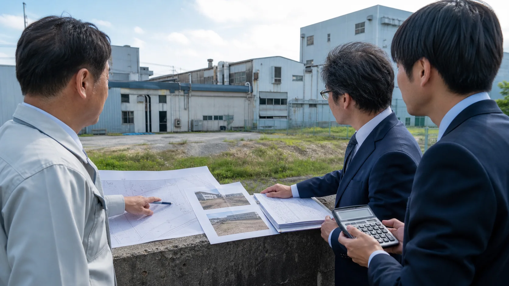 製造会社の経営会議で保有土地の事業利用と正味売却額を確認する場面