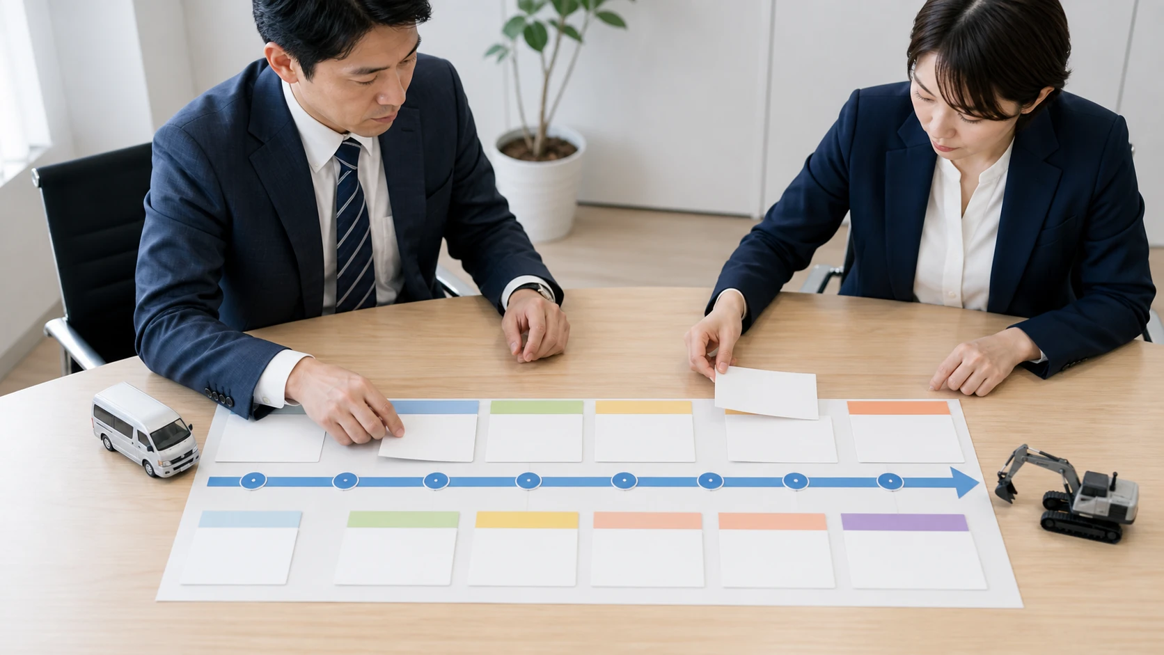 経営者と銀行担当者がリース契約の月次支払と終了条件を確認する会議