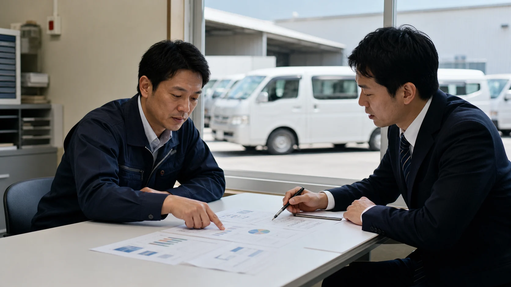 配送会社経営者と資金調達アドバイザーが設備保有方法と必要資金を比較する会議