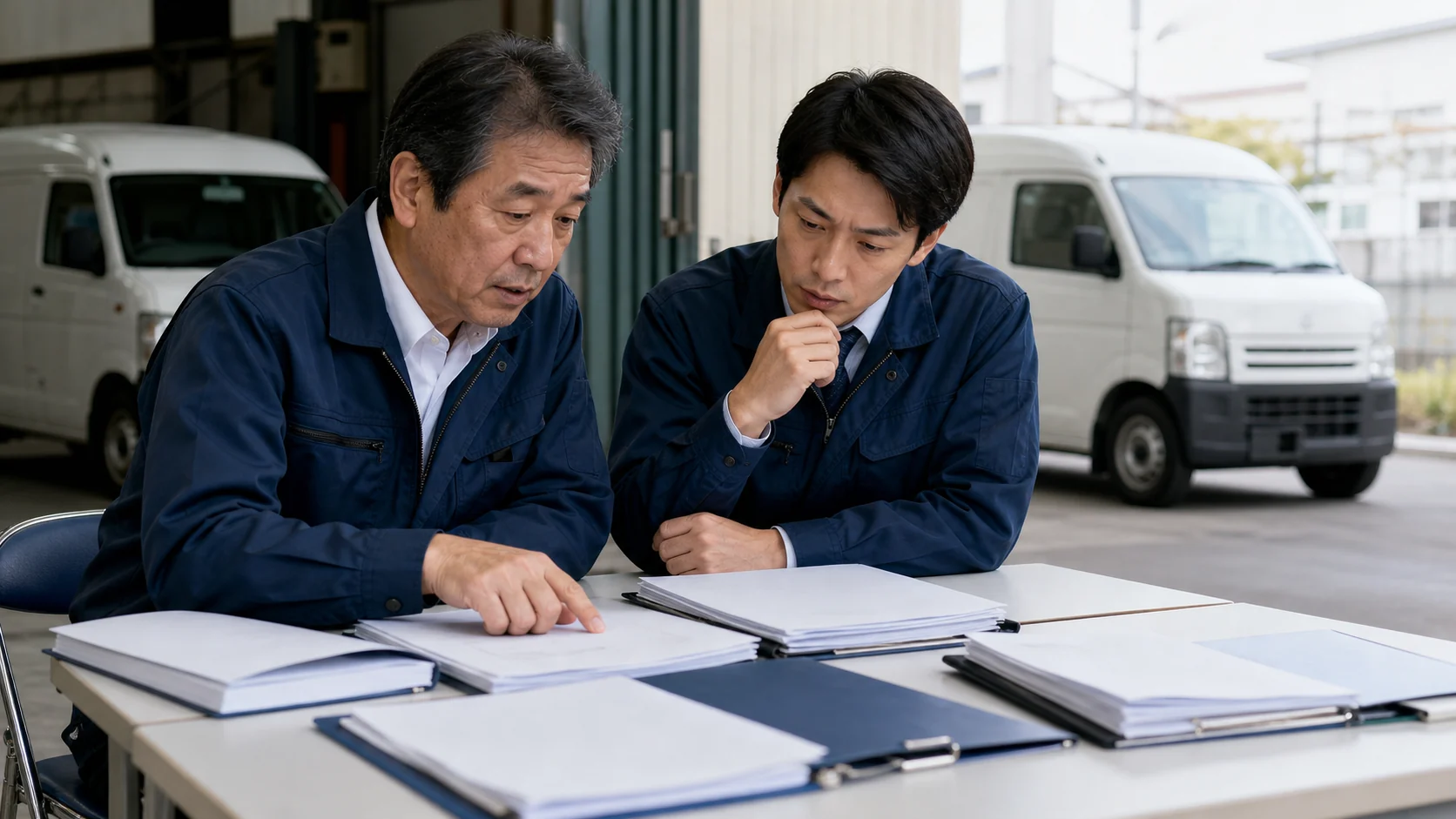 配送会社経営者が車庫で複数車両のリース契約と稼働表を確認する場面