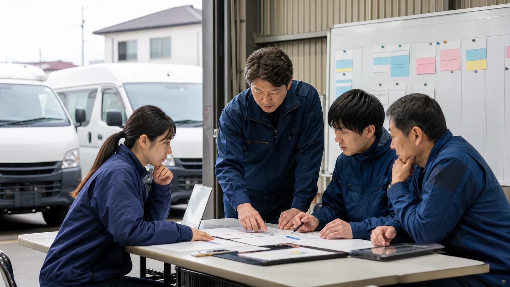 配送会社経営者と車両管理者がリース契約と稼働車両を見直す会議