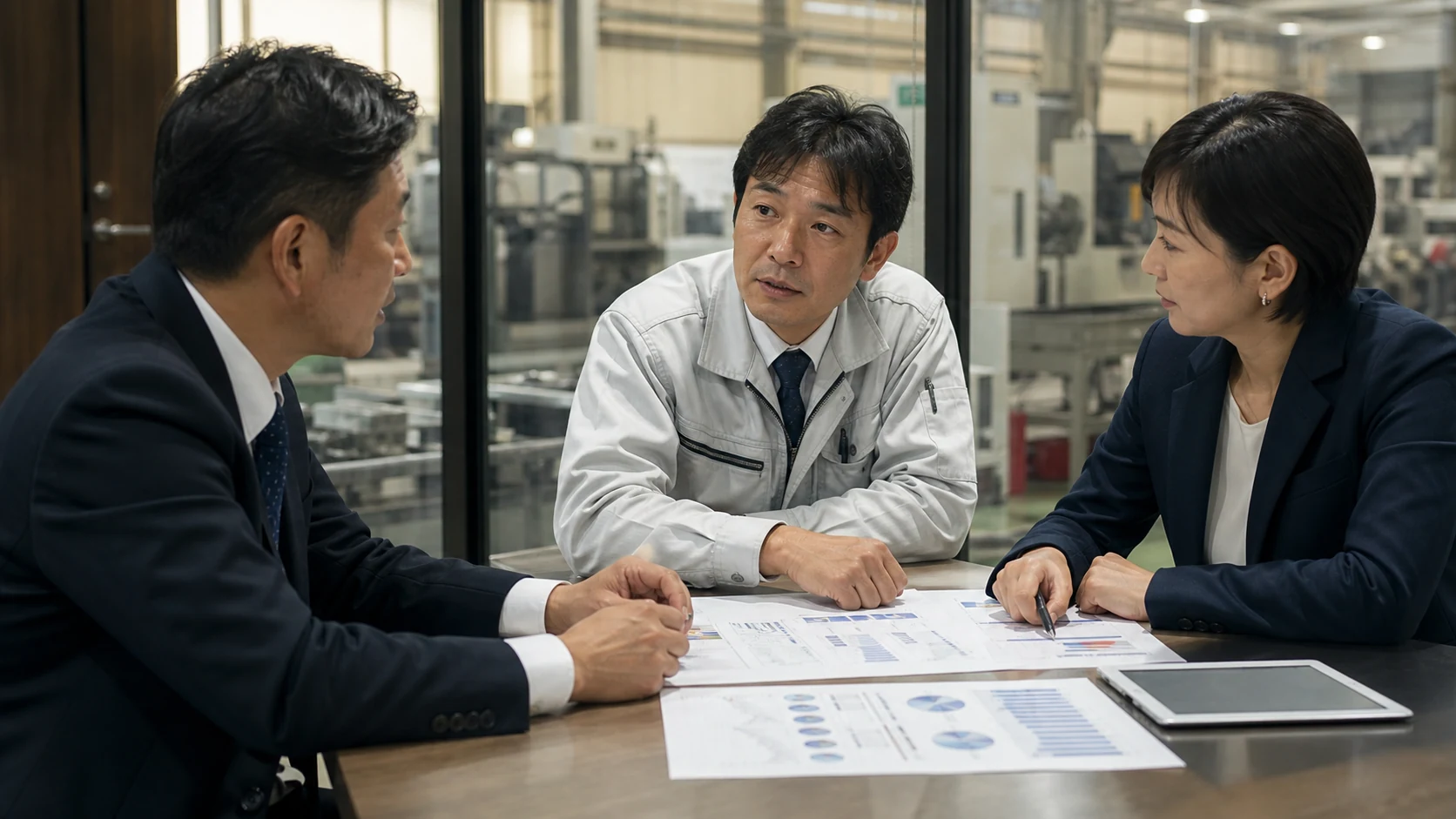 経営者と銀行担当者がリース債務の月額・設備効果・終了条件を確認する会議
