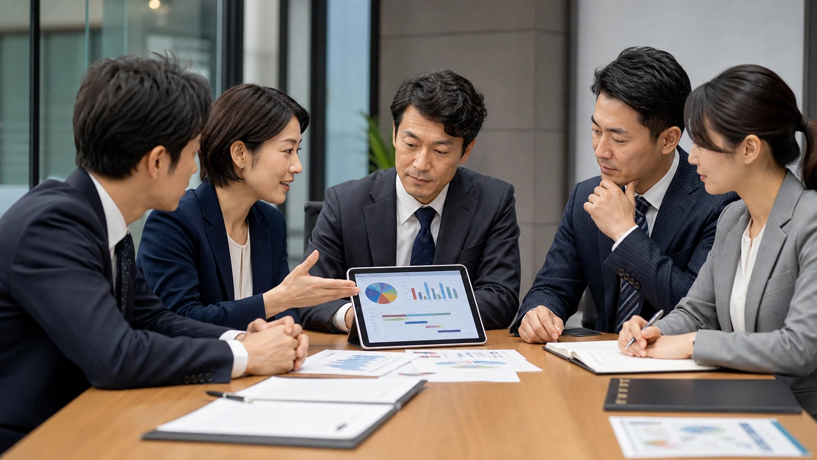 中小企業の経営者、財務担当者、複数の金融機関担当者が共通資料で調達構成を確認する会議