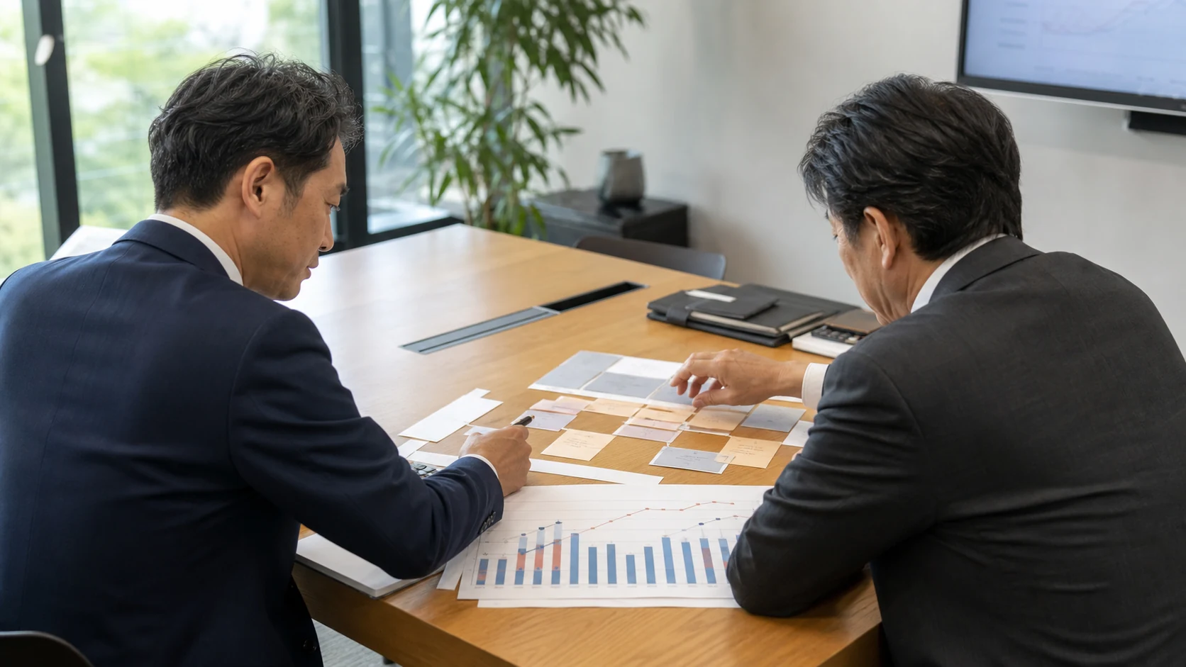 経営者と財務担当者が金融機関別借入、満期、担保保証、代替相談先を整理する会議