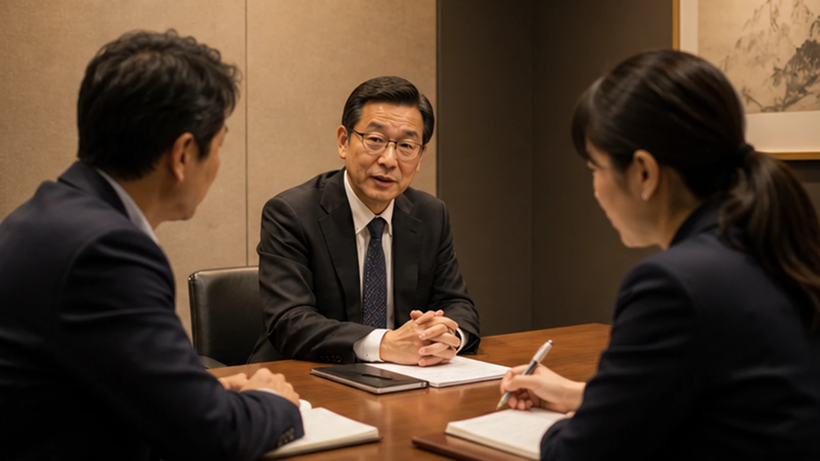 経営者と財務担当者が銀行面談後に質問、回答、宿題、期限を整理する場面