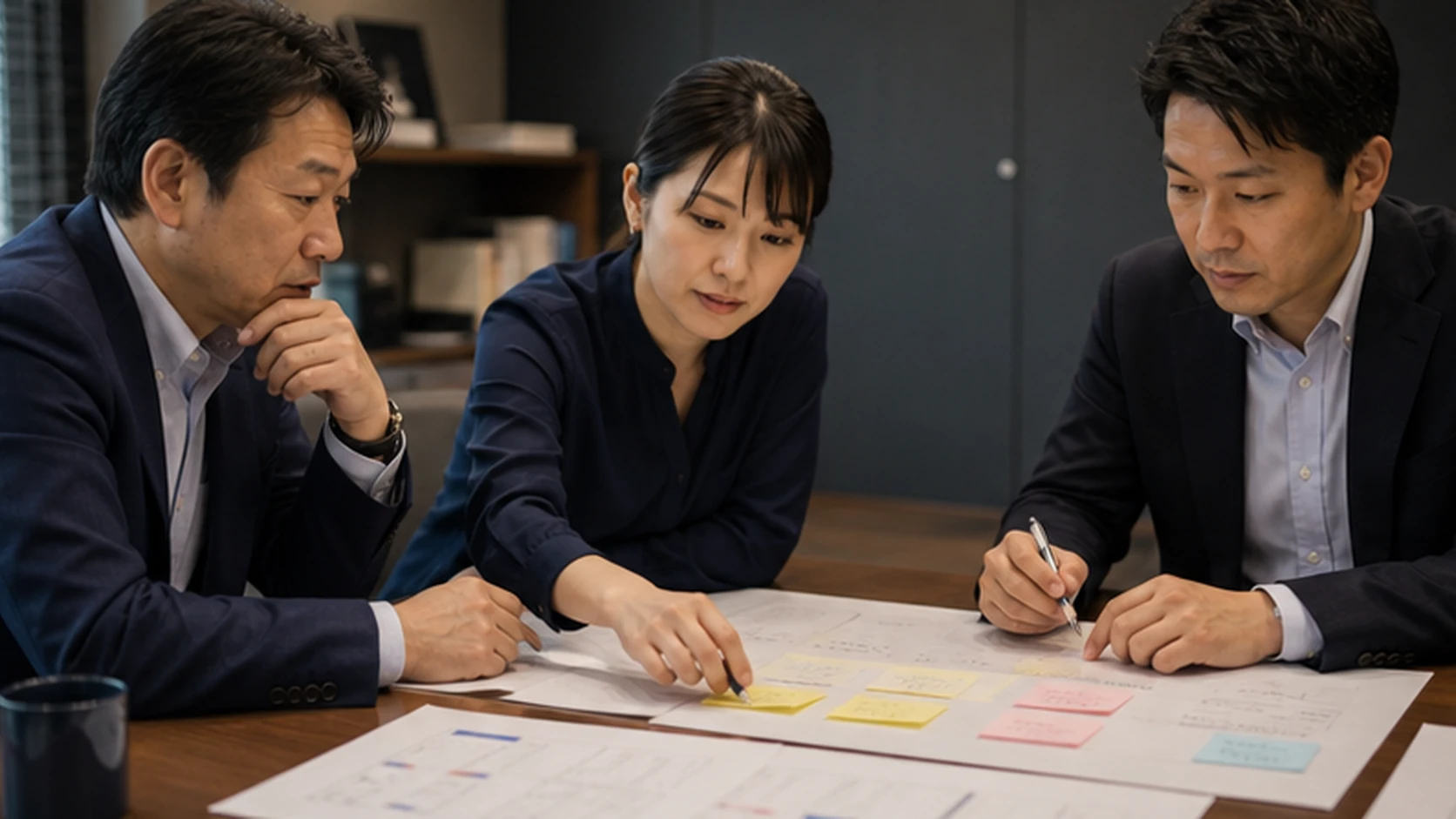 経営者と銀行担当者が面談記録の要点、追加資料、次回期限を確認する場面