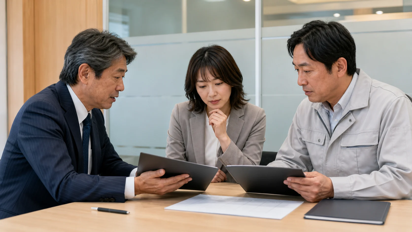 経営者と財務担当者と銀行担当者が借入契約上の義務と提出期限を確認する会議