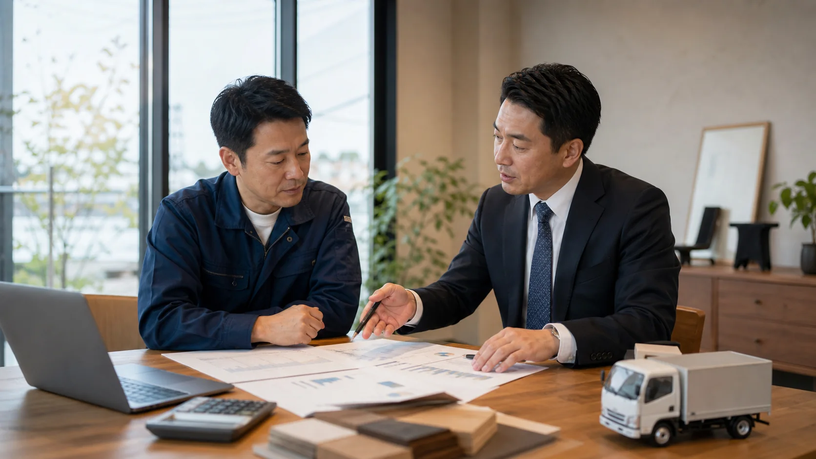 家具メーカーの経営者と資金調達アドバイザーが物流改善後の必要資金を比較する会議