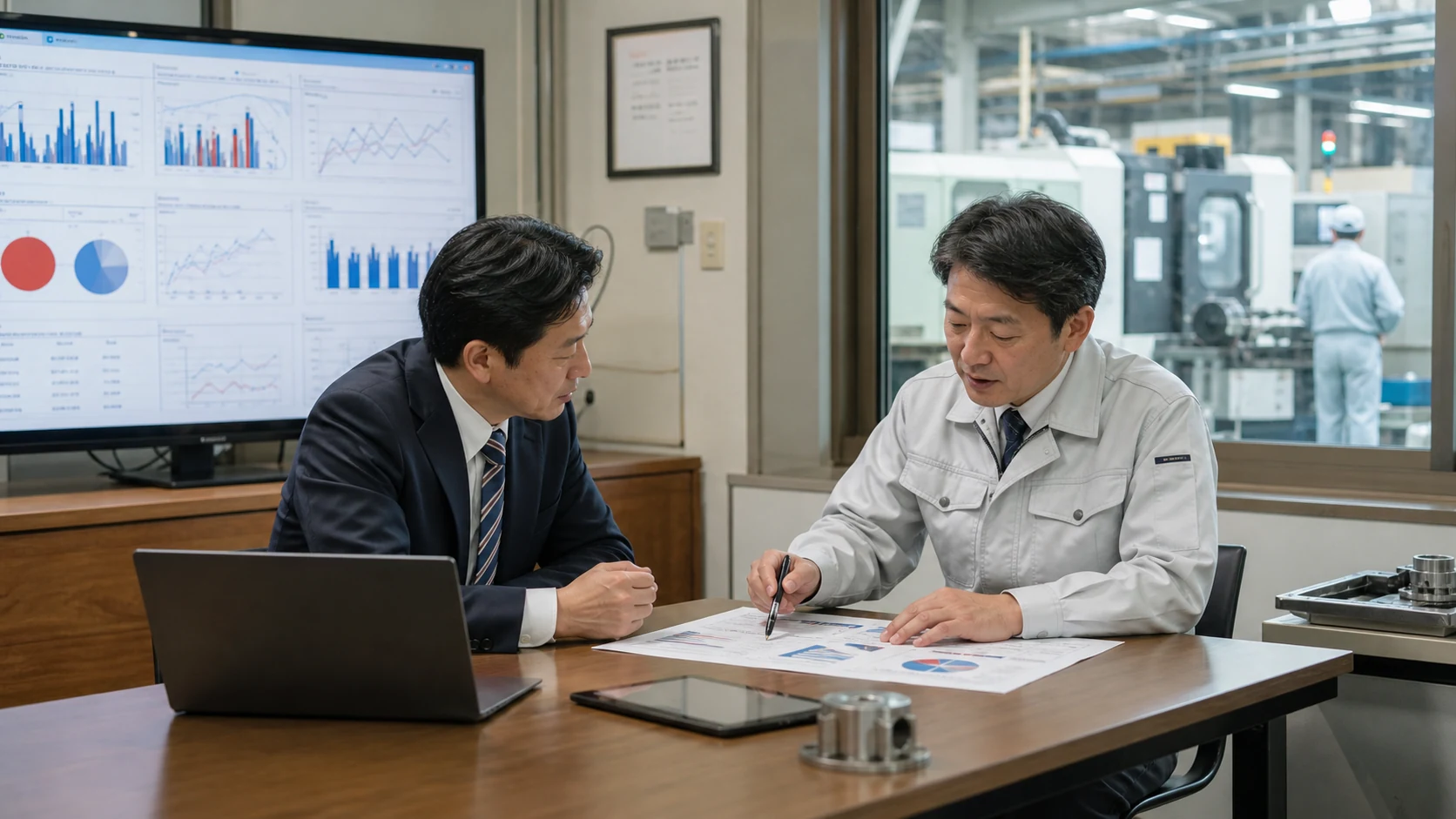 経営者と銀行担当者が長期借入の対象資産・期間・金利・返済力を確認する会議