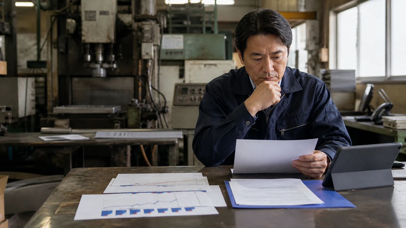 経営者が長期借入金の返済期間と対象設備の稼働実績を確認する場面