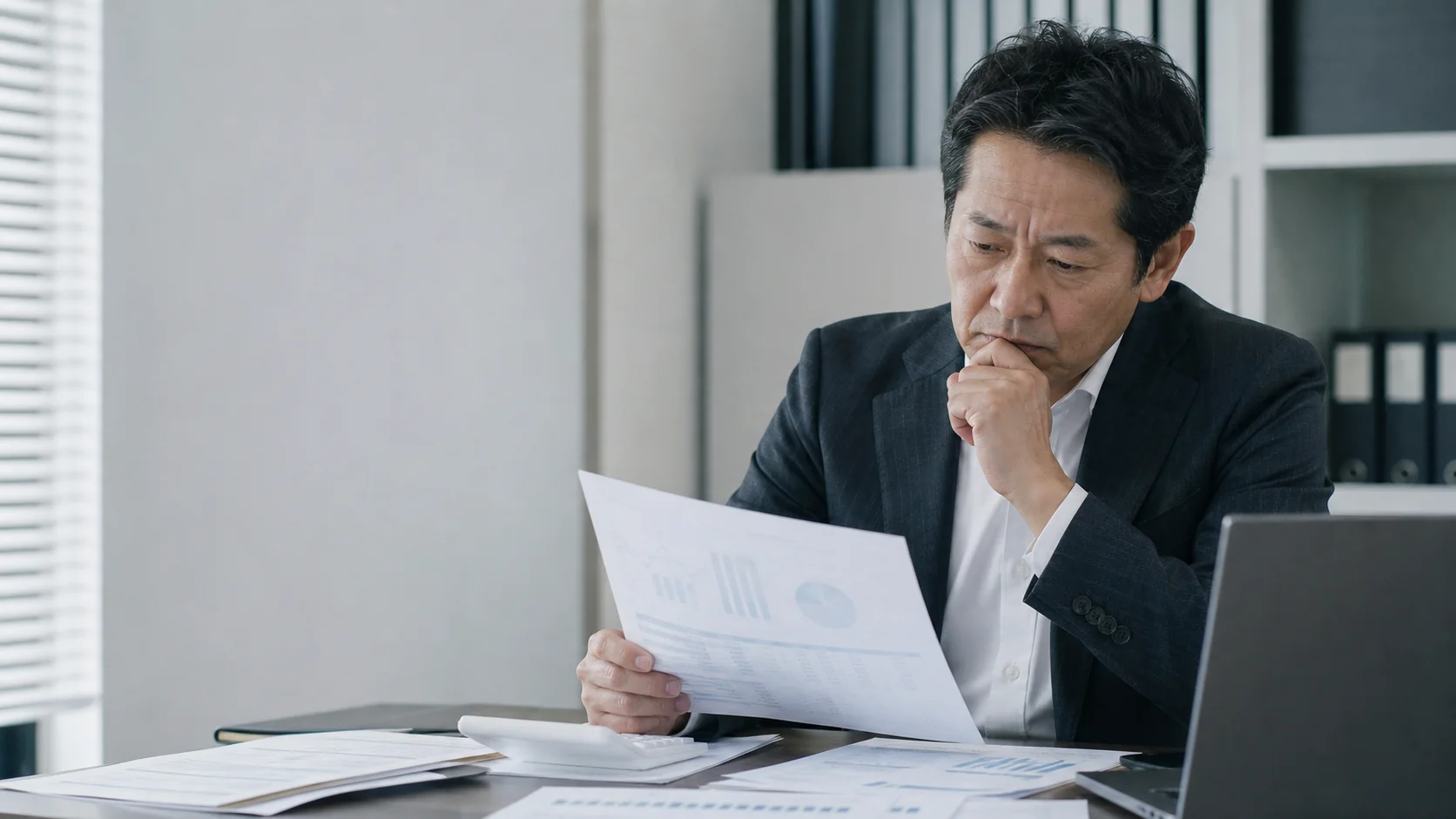 中小企業の財務担当者が長期貸付金の契約、返済表、相手先決算を照合する場面