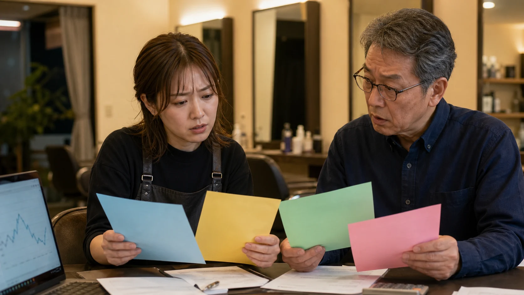 飲食店経営者が年度別の赤字原因と黒字化後の税・返済予定を確認する場面